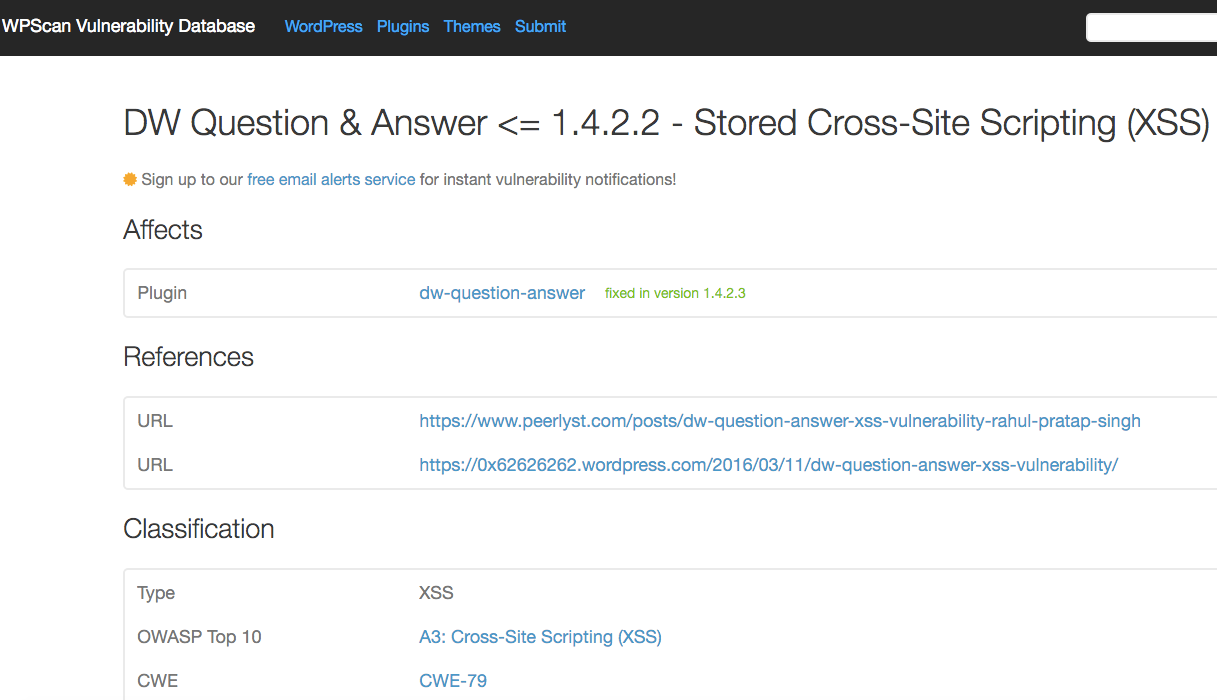 WPScan Vulnerability Database claims the vulnerability in DW Question & Answer was fixed in version 1.4.2.3