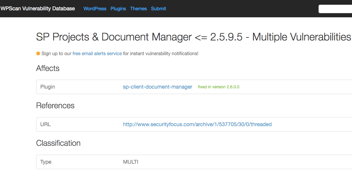 WPScan Vulnerability Database claims the vulnerability in SP Projects & Document Manager was fixed in version 2.6.0.0
